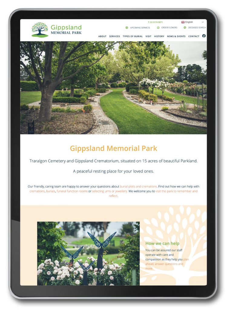 iPad showing homepage of the new Gippsland Memorial Park website