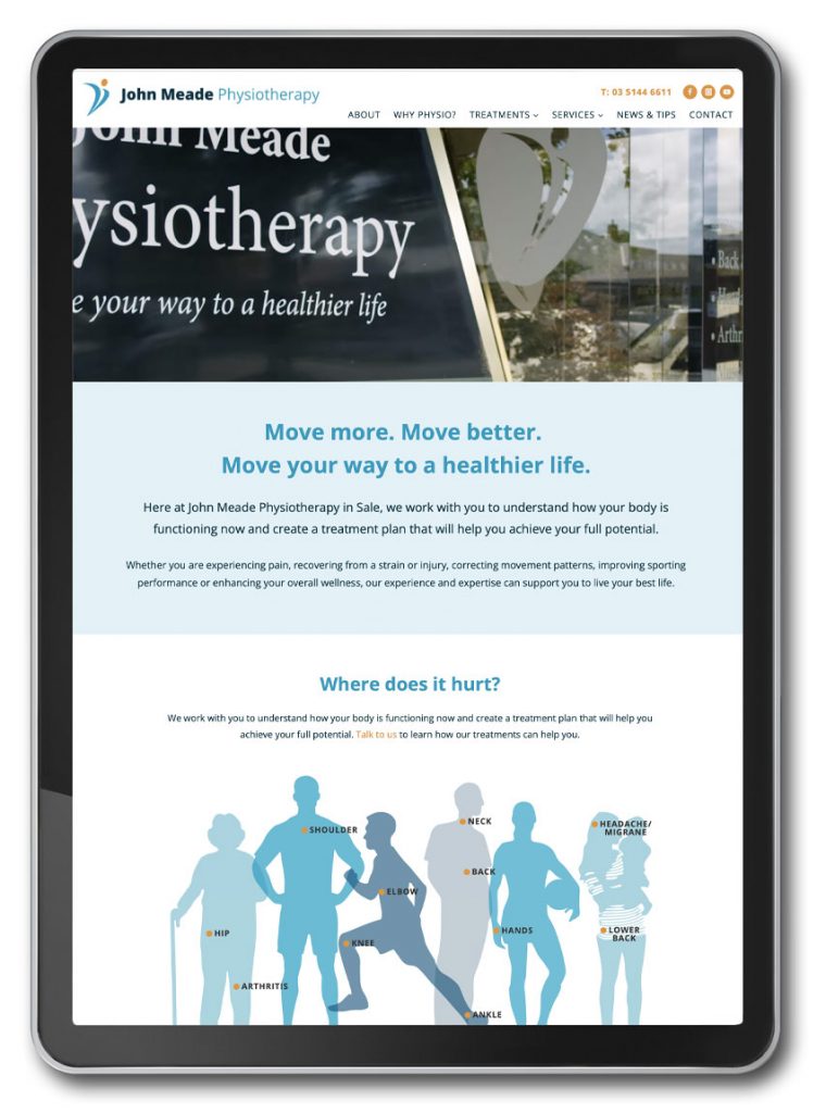 iPad showing the homepage for the John Meade Physiotherapy website