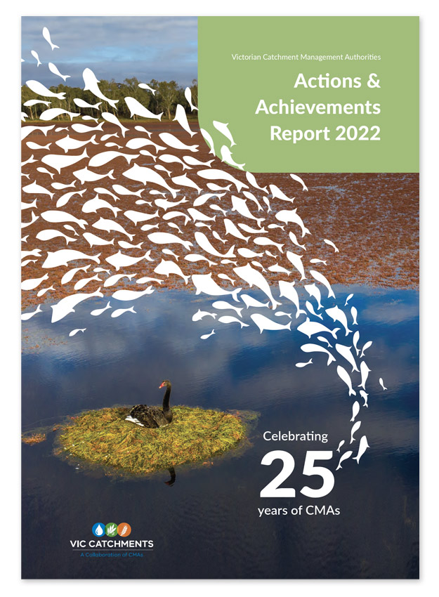 Cover of the Actions and Achievements Report 2022 that celebrates 25 years of Catchment Management authorities in Victoria
